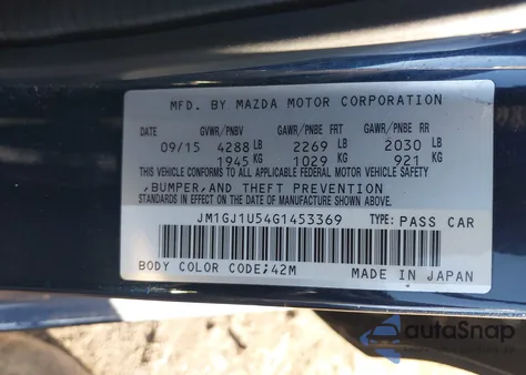 2016 Mazda Mazda6 I Sport from USA, damaged, VIN JM1GJ1U54G1453369